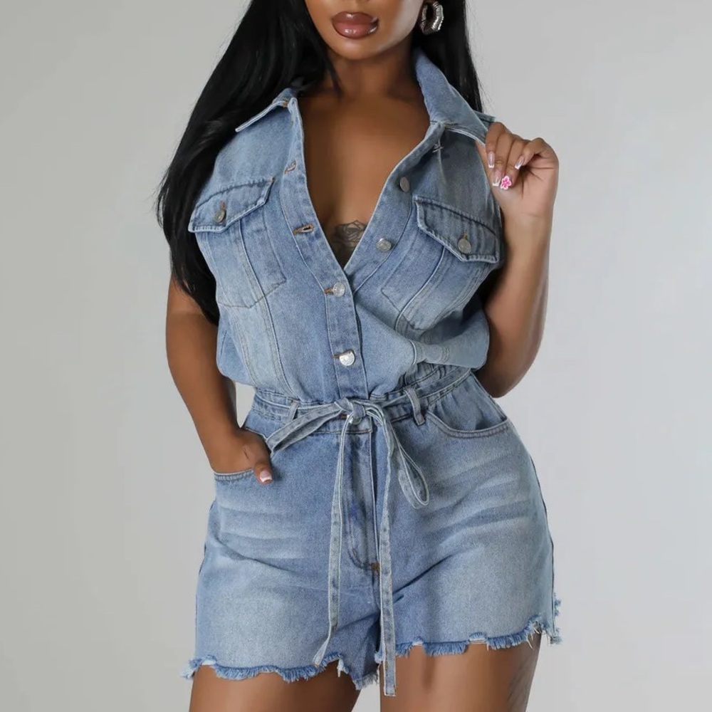 Flying Tomato Light Blue Denim Sleeveless Romper